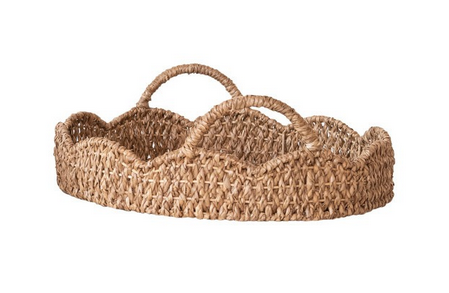 Decorative Braided Bankuan & Rattan Tray w/ Scalloped Edge & Handles - Large