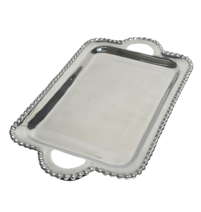 Silver Rectangle Beaded Tray with Handles 13x9
