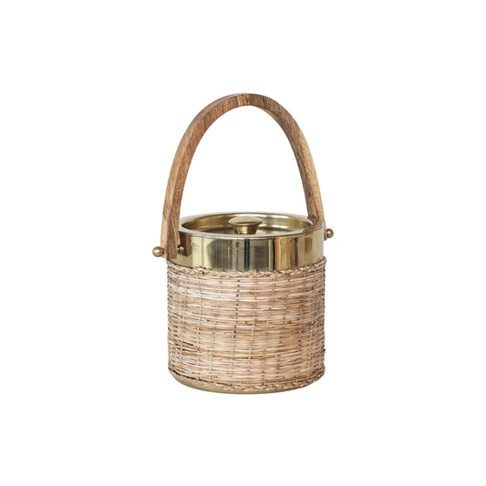 1-1/2 Quart Stainless Steel & Woven Rattan Ice Bucket with Mango Wood Handle