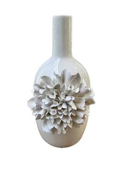 White Ceramic Vase with Flower 10”
