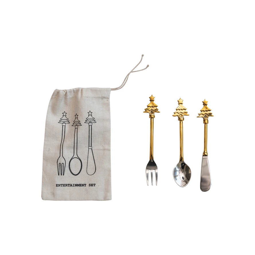 Brass & Stainless Steel Utensils with Christmas Tree Handles, Set of 3 in Bag