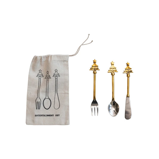 Brass & Stainless Steel Utensils with Christmas Tree Handles, Set of 3 in Bag